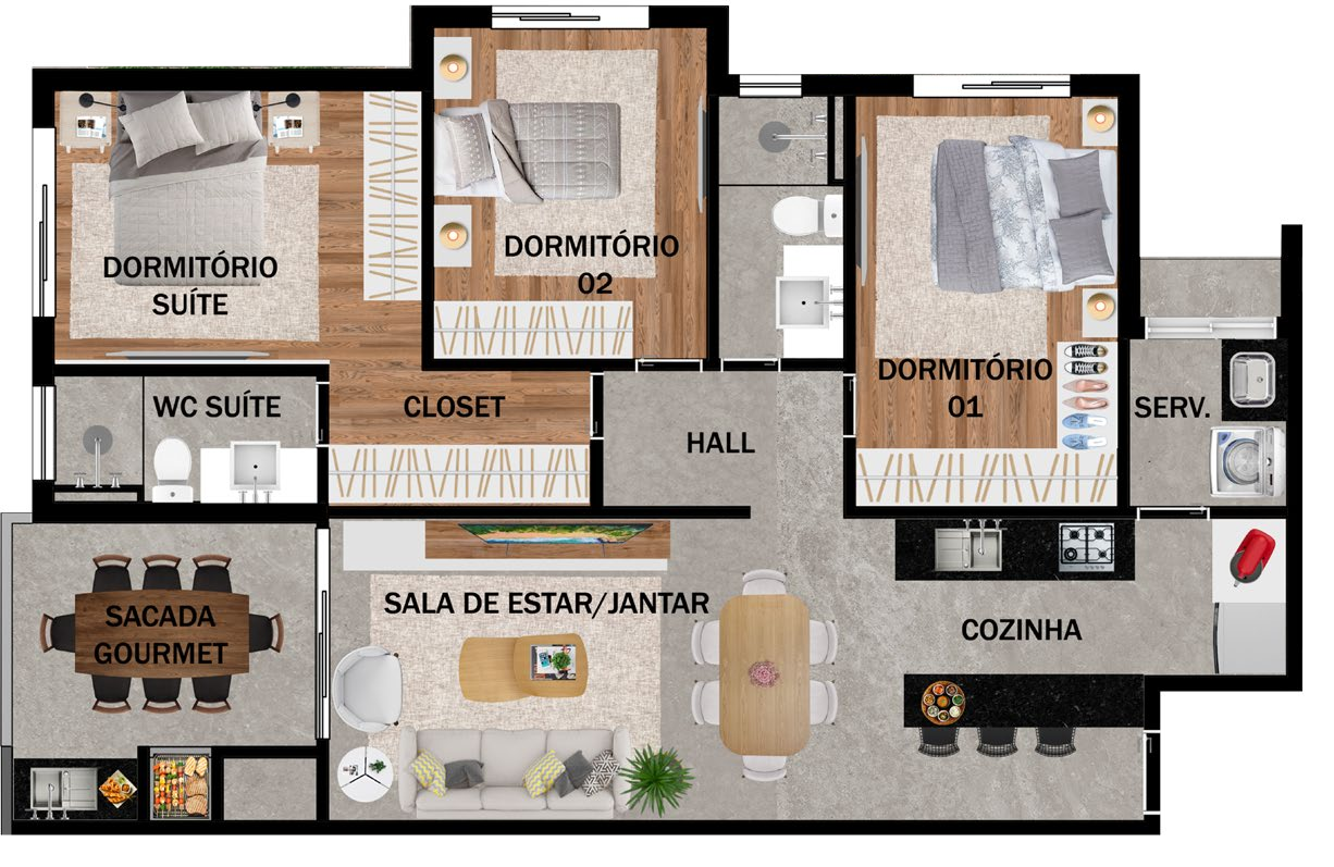 Planta 01 - 3 dorm 84,75m²