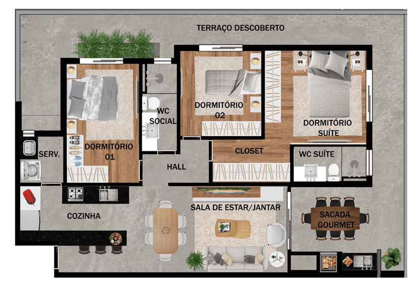 Planta 02 - 3 dorm 120,78m² - garden