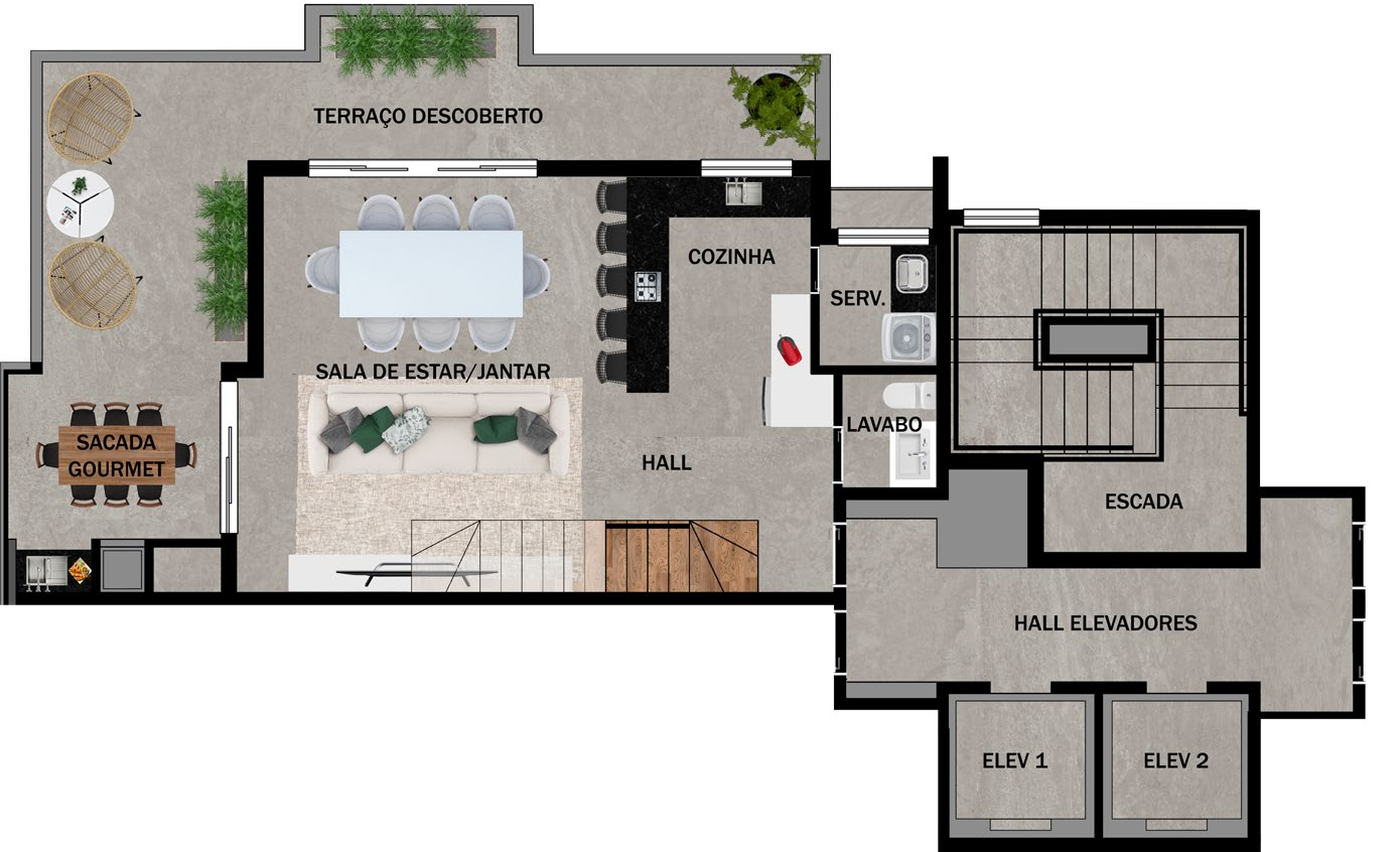 Planta 03 - 3 dorm 142,15m² - cobertura duplex - inferior