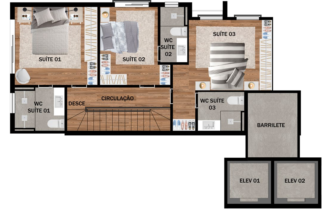Planta 04 - 3 dorm 142,15m² - cobertura duplex - superior