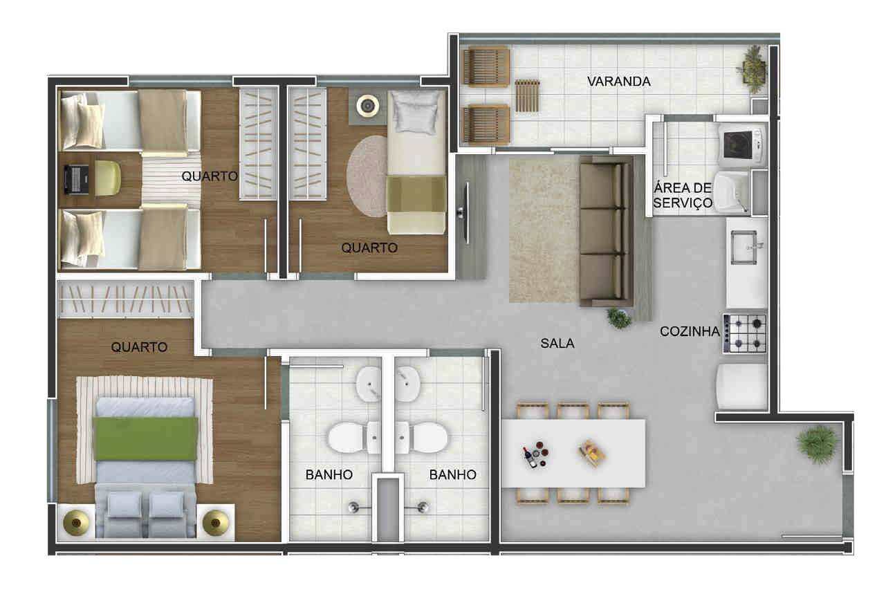 Planta 01 - 3 dorm 63,95m²