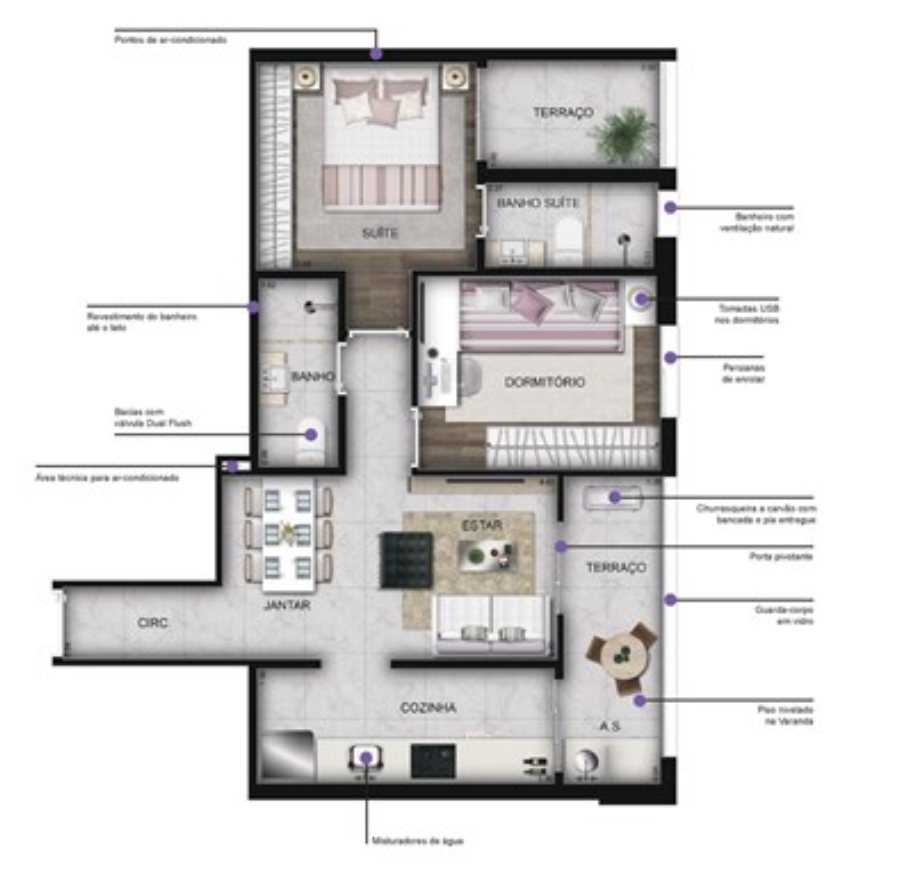 Planta 01 - 2 dorm 54m²