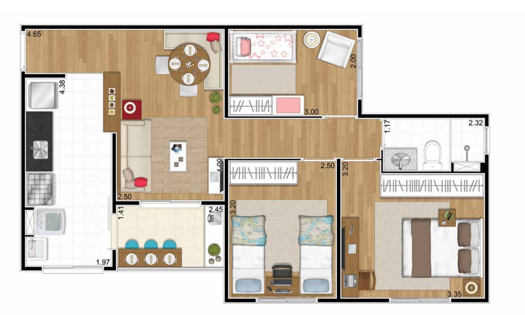 Planta 02 - 3 dorm 62m²