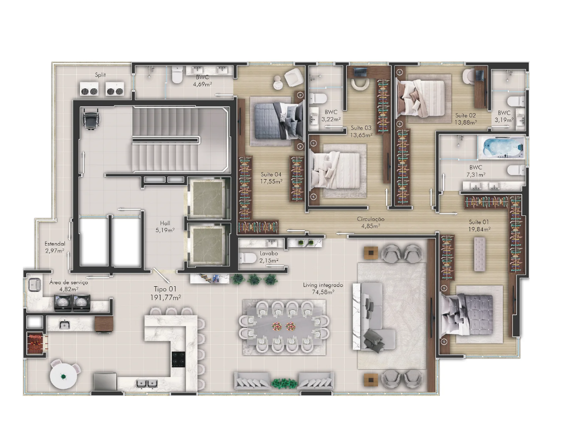 Planta 01 - 4 dorm 191,77m²