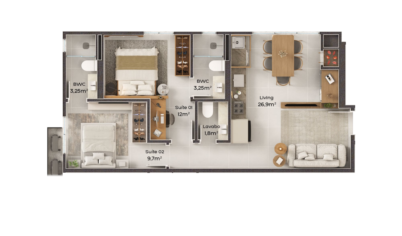 Planta 01 - 2 dorm 66m²