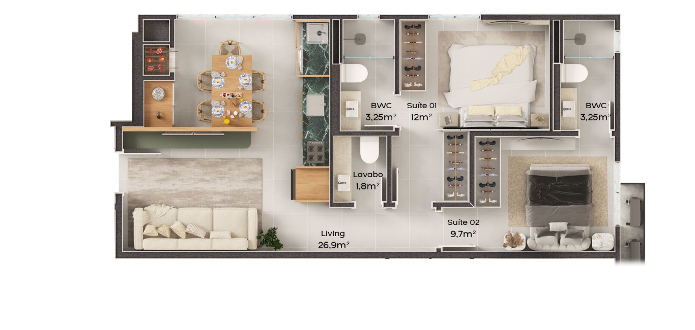 Planta 02 - 2 dorm 66m²