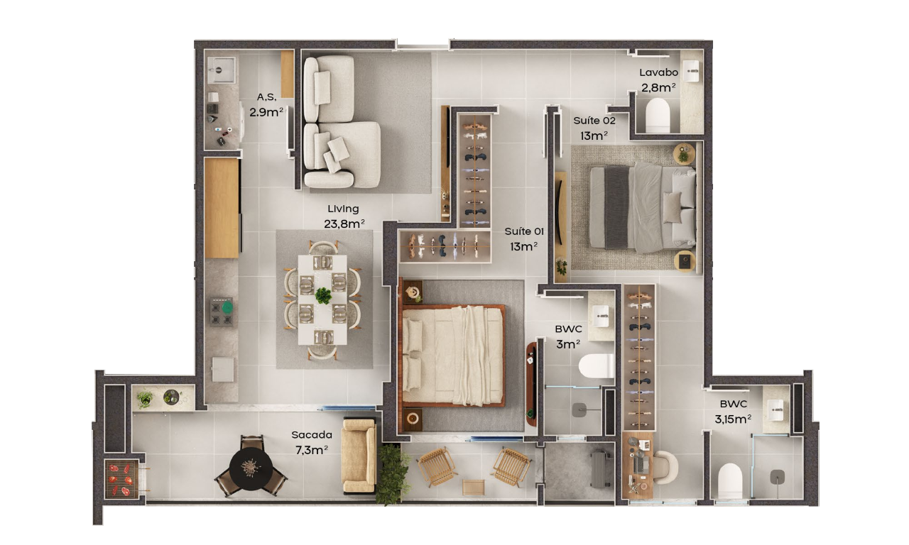 Planta 03 - 2 dorm 85m²