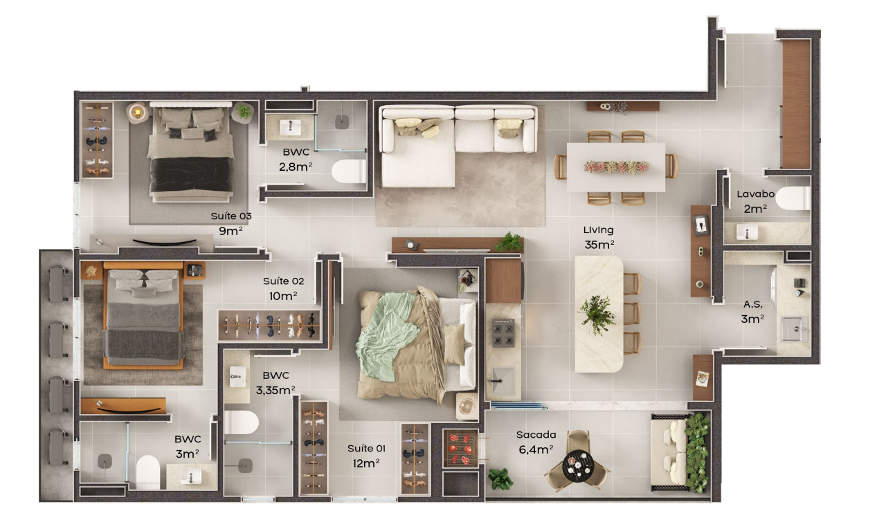 Planta 04 - 3 dorm 100m²