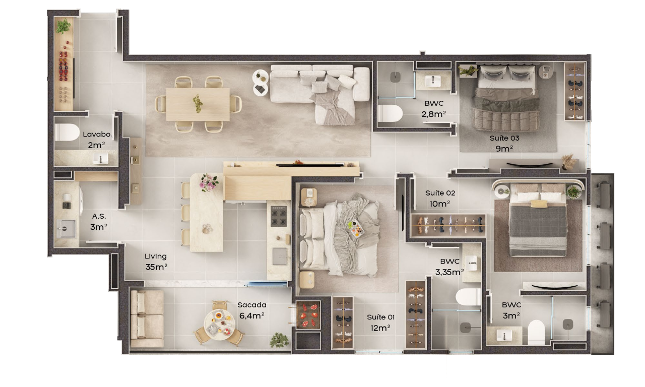 Planta 05 - 3 dorm 100m²