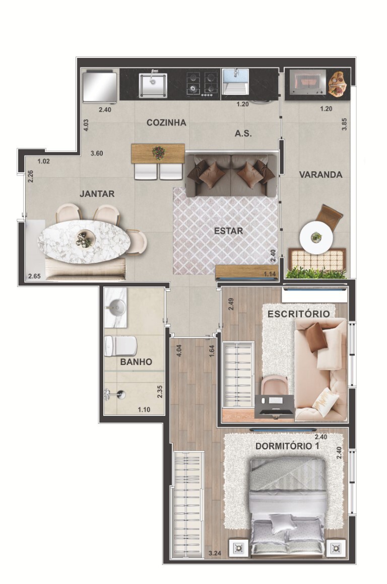Planta 01 - 2 dorm 44,64m²