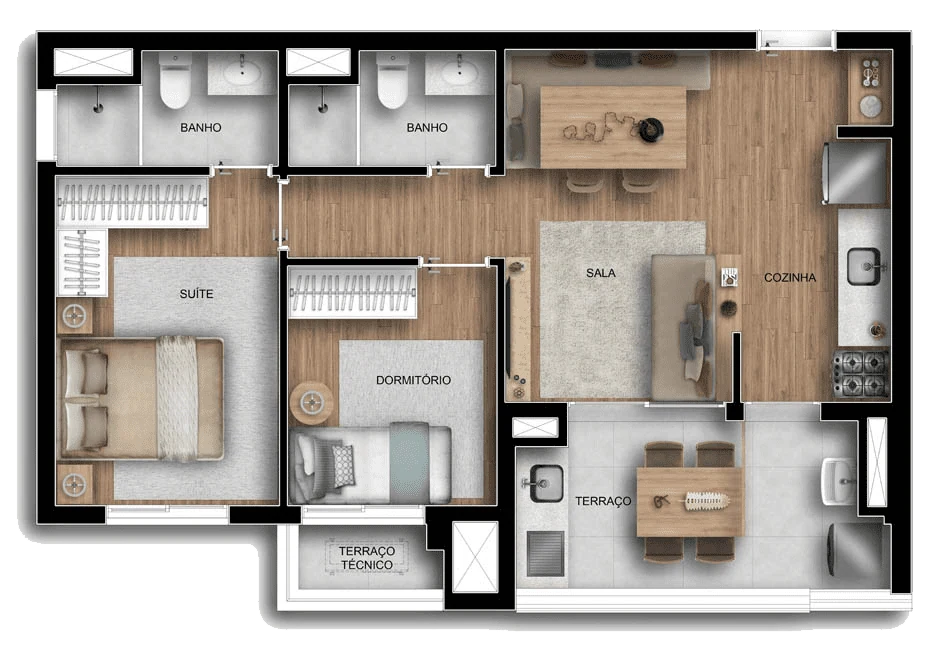 Planta 02 - 2 dorm 60m²