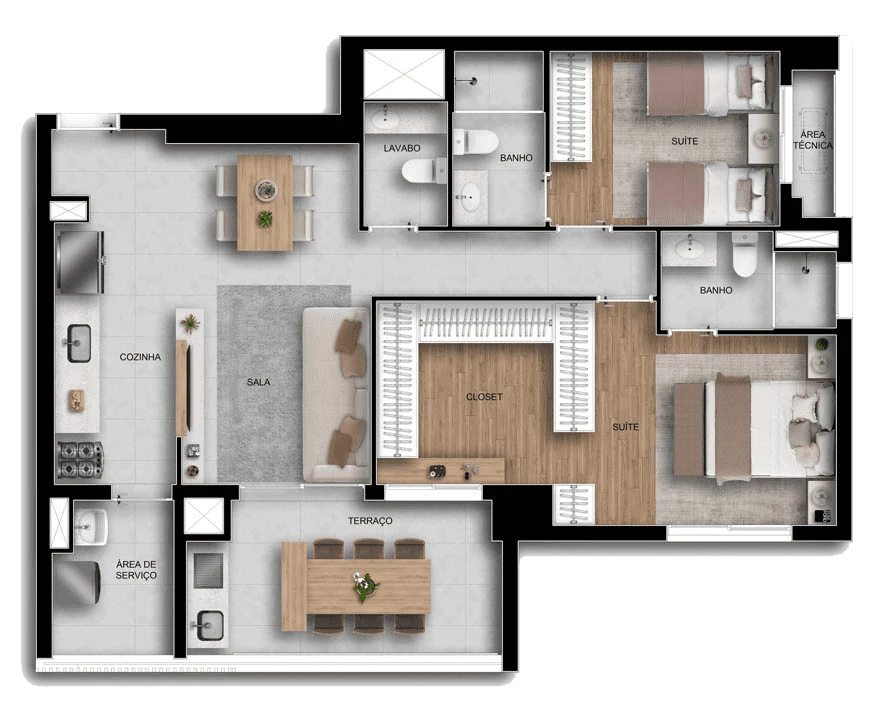 Planta 07 - 2 dorm 90m² - opção 3