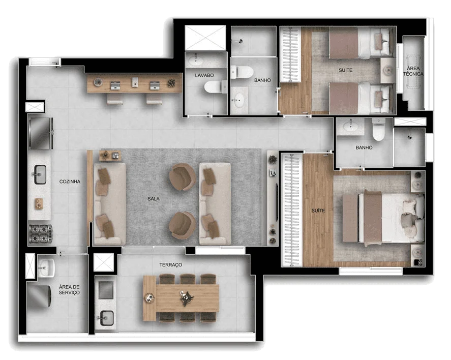 Planta 05 - 2 dorm 90m² - opção 1