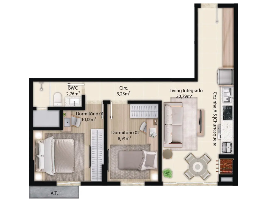 Planta 01 - 2 dorm 55m²