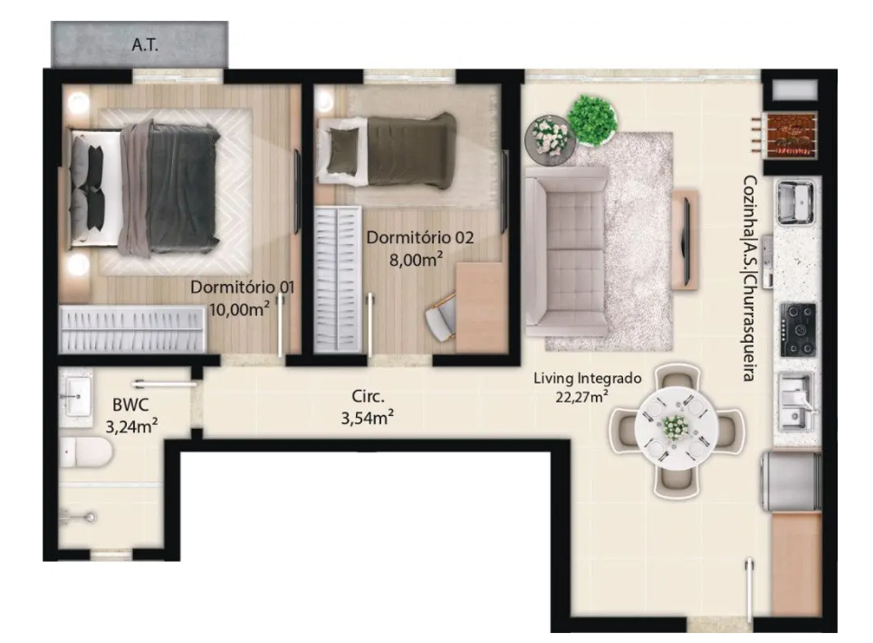 Planta 02 - 2 dorm 56m²