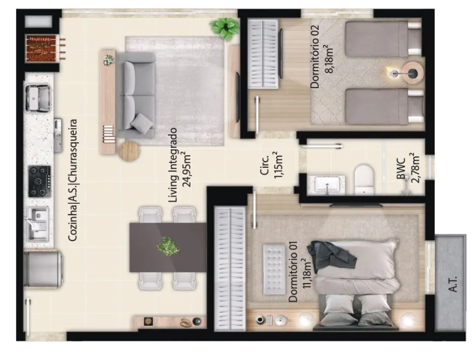 Planta 03 - 2 dorm 57m²