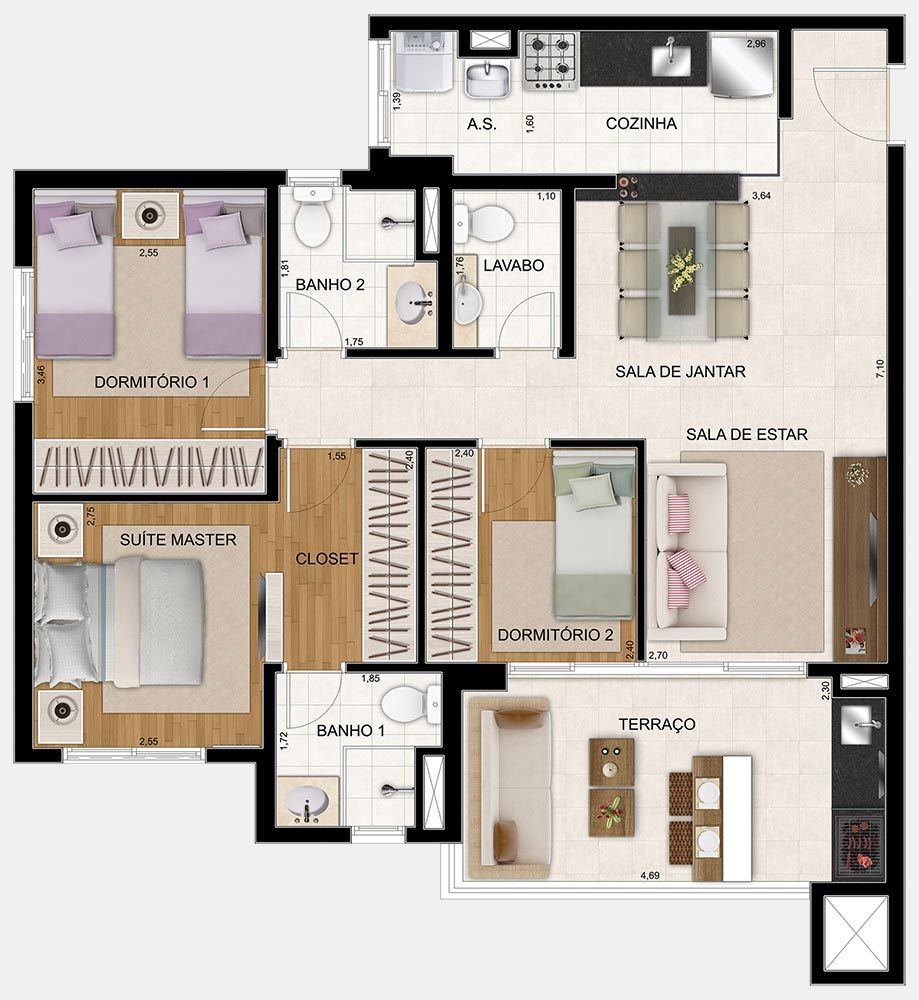 Planta 01 - 3 dorm 86m² 