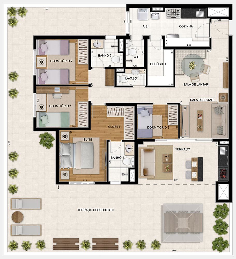 Planta 04 - 4 dorm 106m²- garden