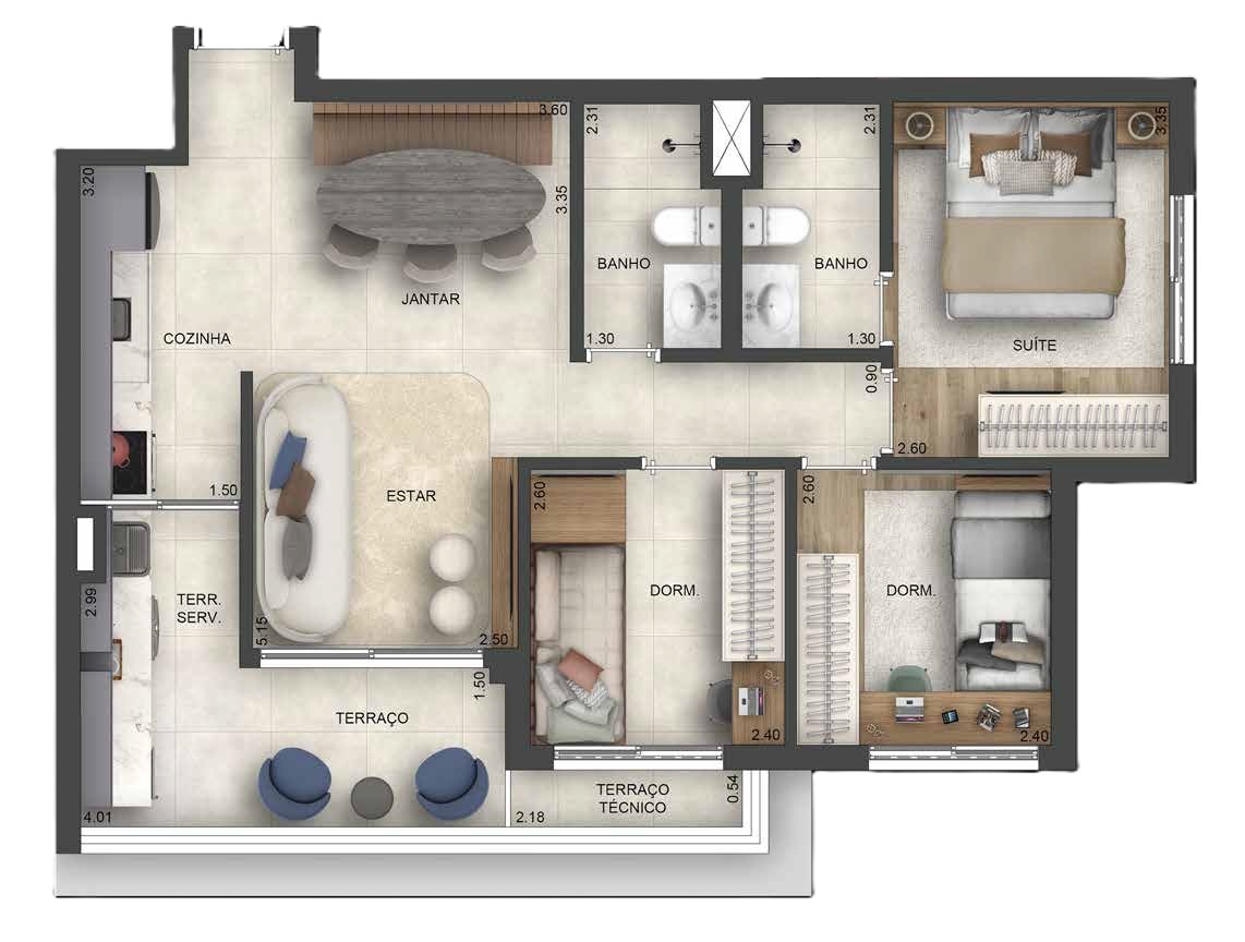 Planta 02 - 3 dorm 69,53m²