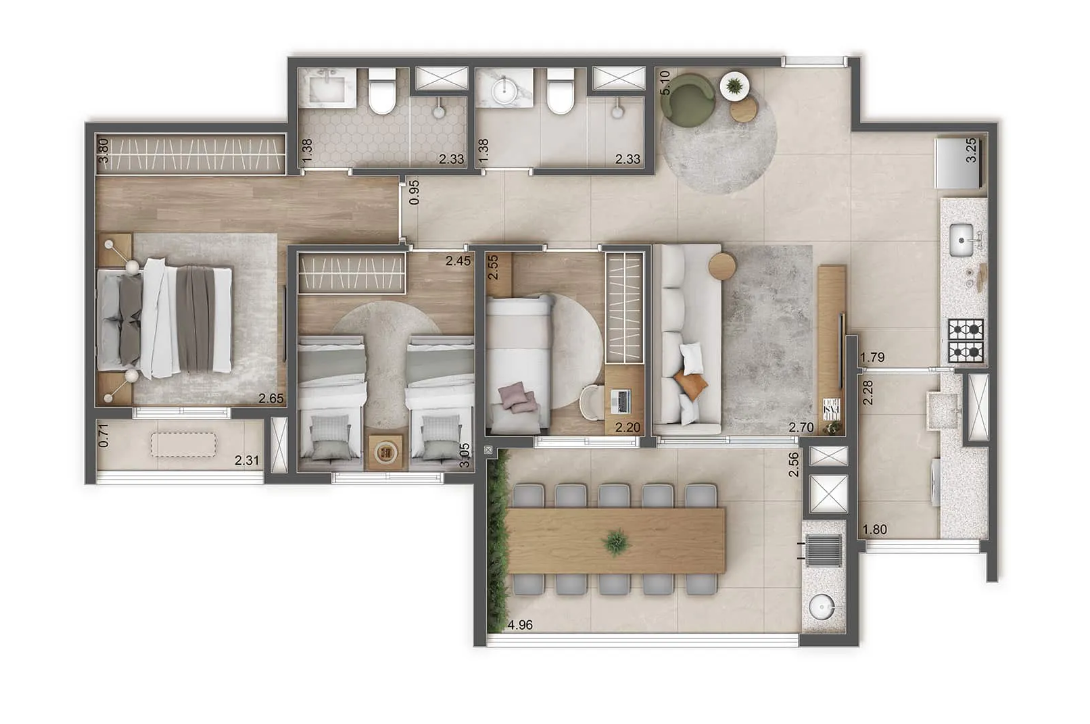 Planta 01 - 3 dorm 82m²