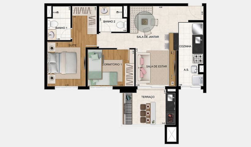 Planta 01 - 2 dorm 68m²