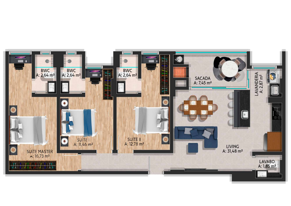 Planta 01 - 3 dorm 108,89m²