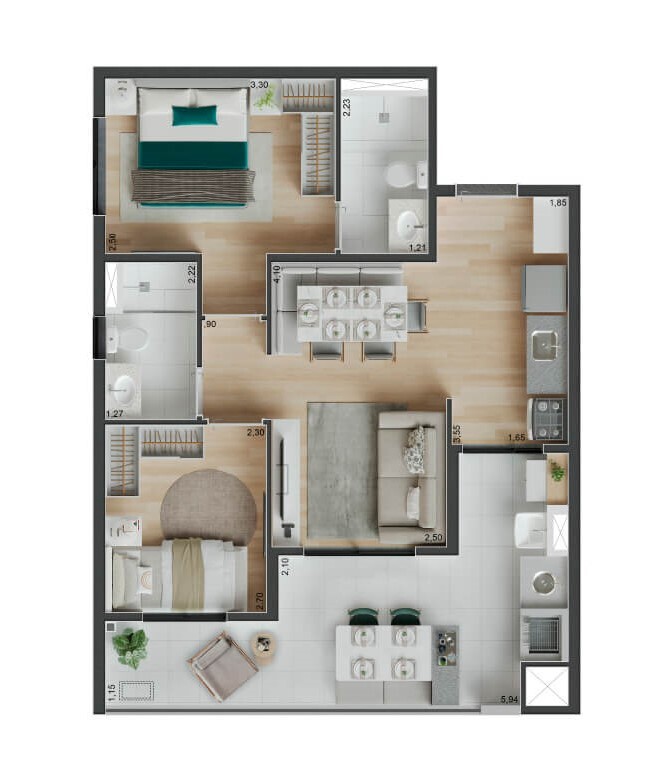 Planta 01 - 2 dorm 61m²