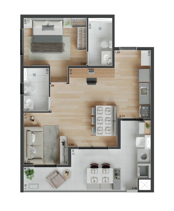 Planta 02 - 1 dorm 61m² - opção 1