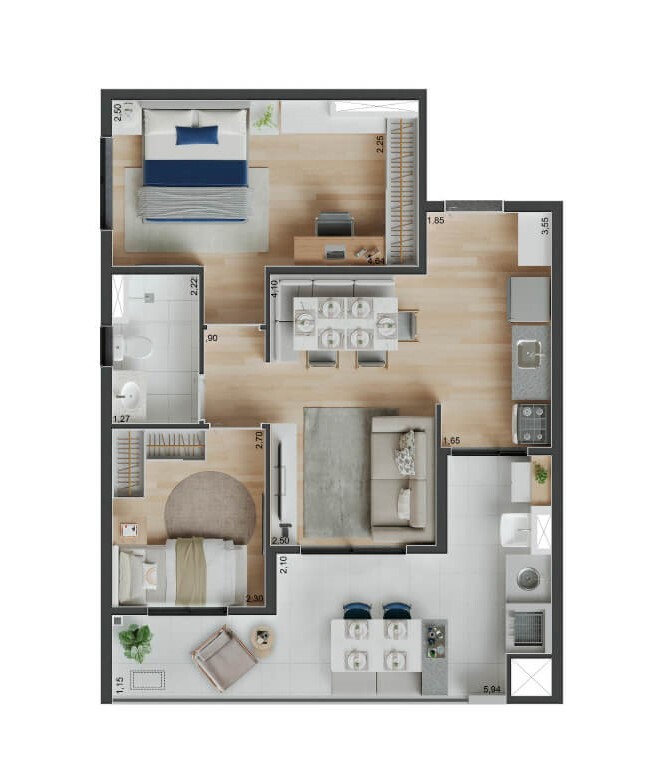 Planta 03 - 2 dorm 61m² - opção 2