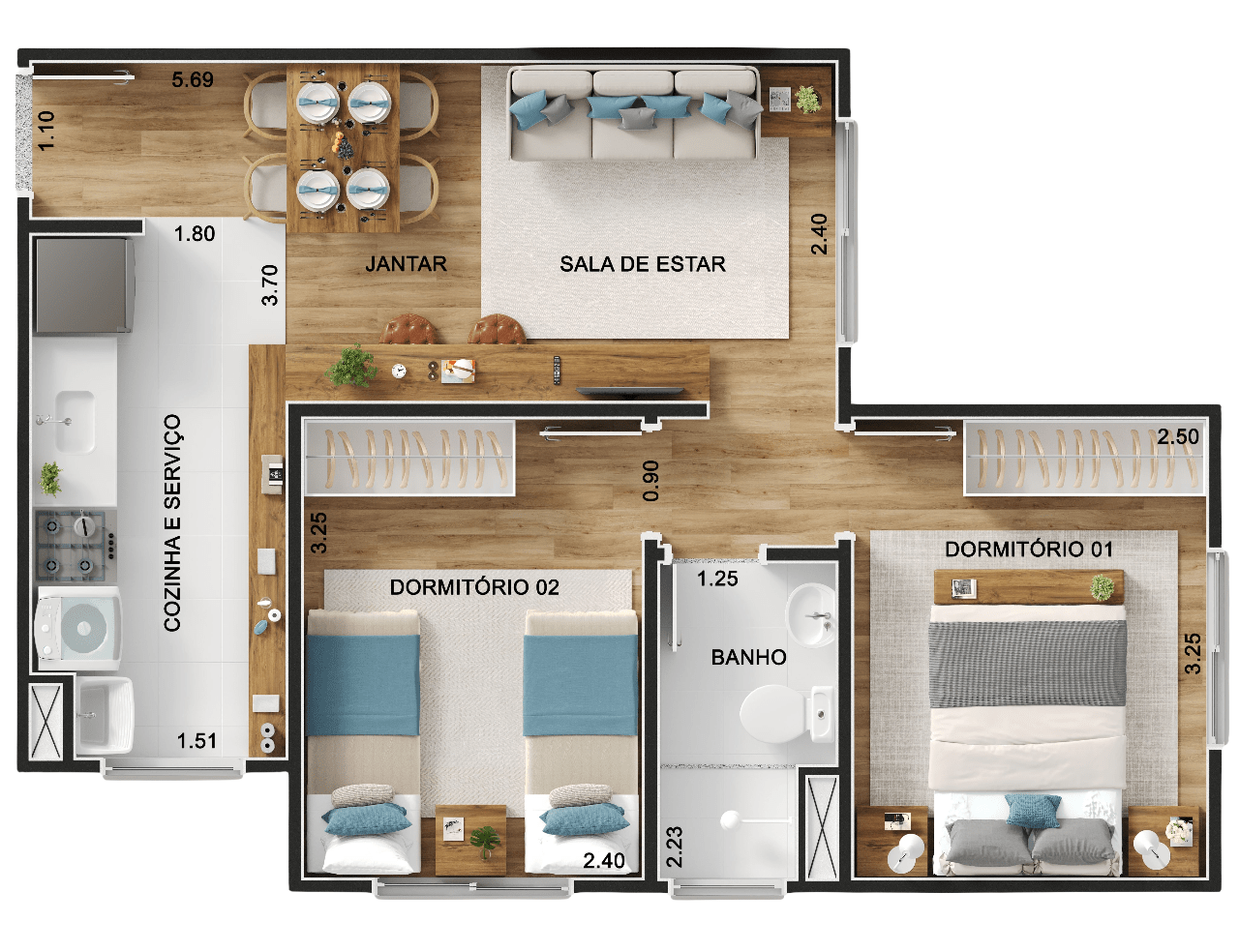 Planta 03 - 2 dorm 42,42m²