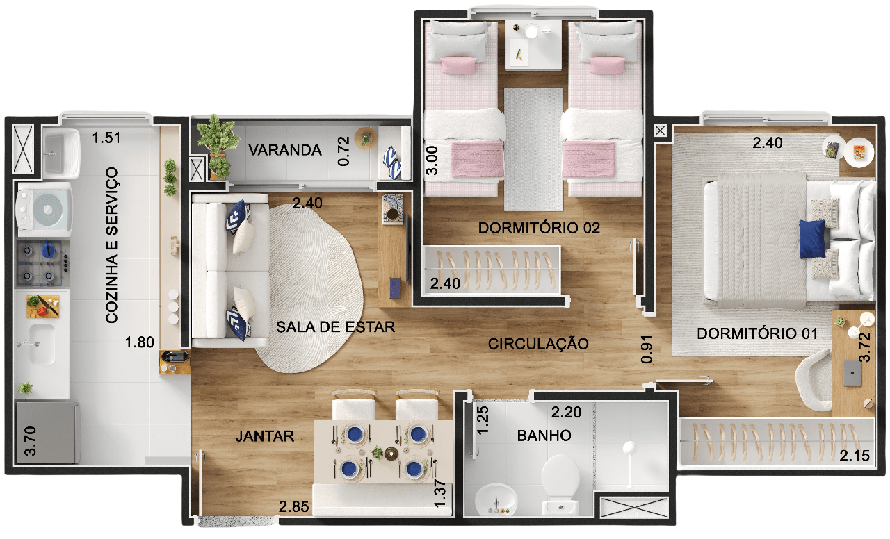 Planta 04 - 2 dorm 43,47m²