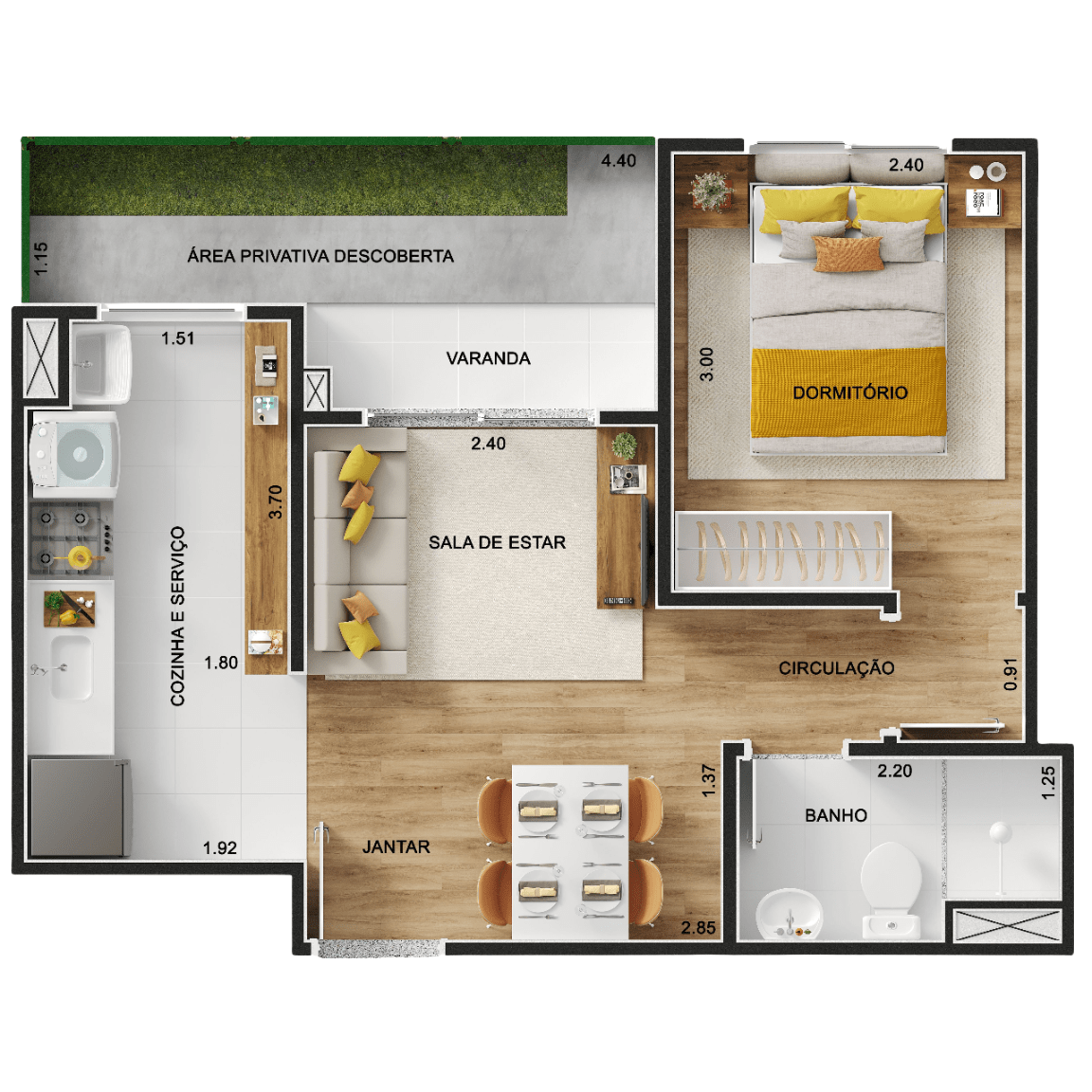 Planta 01 - 1 dorm 38,78m² - garden