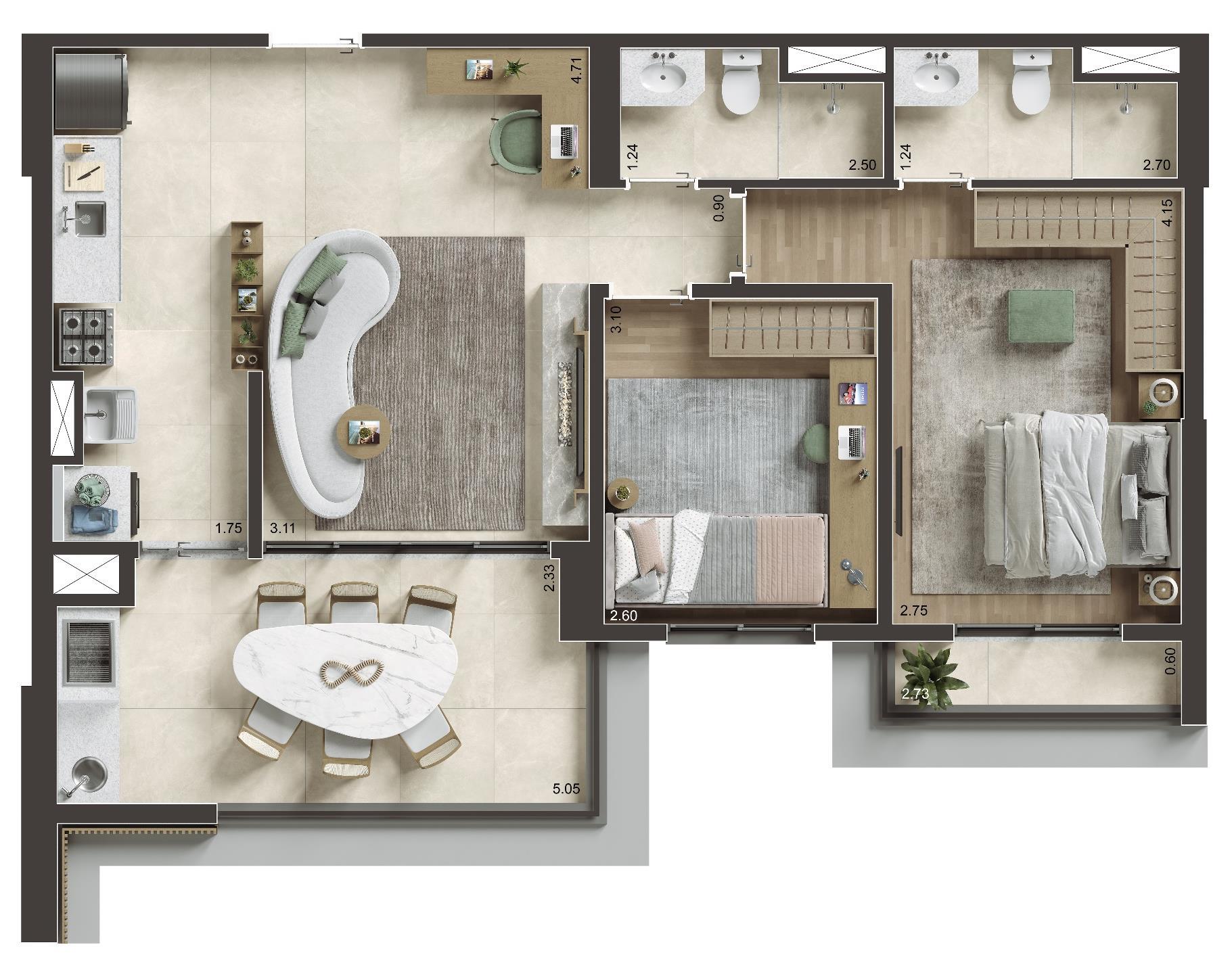 Planta 01 - 2 dorm 75m²