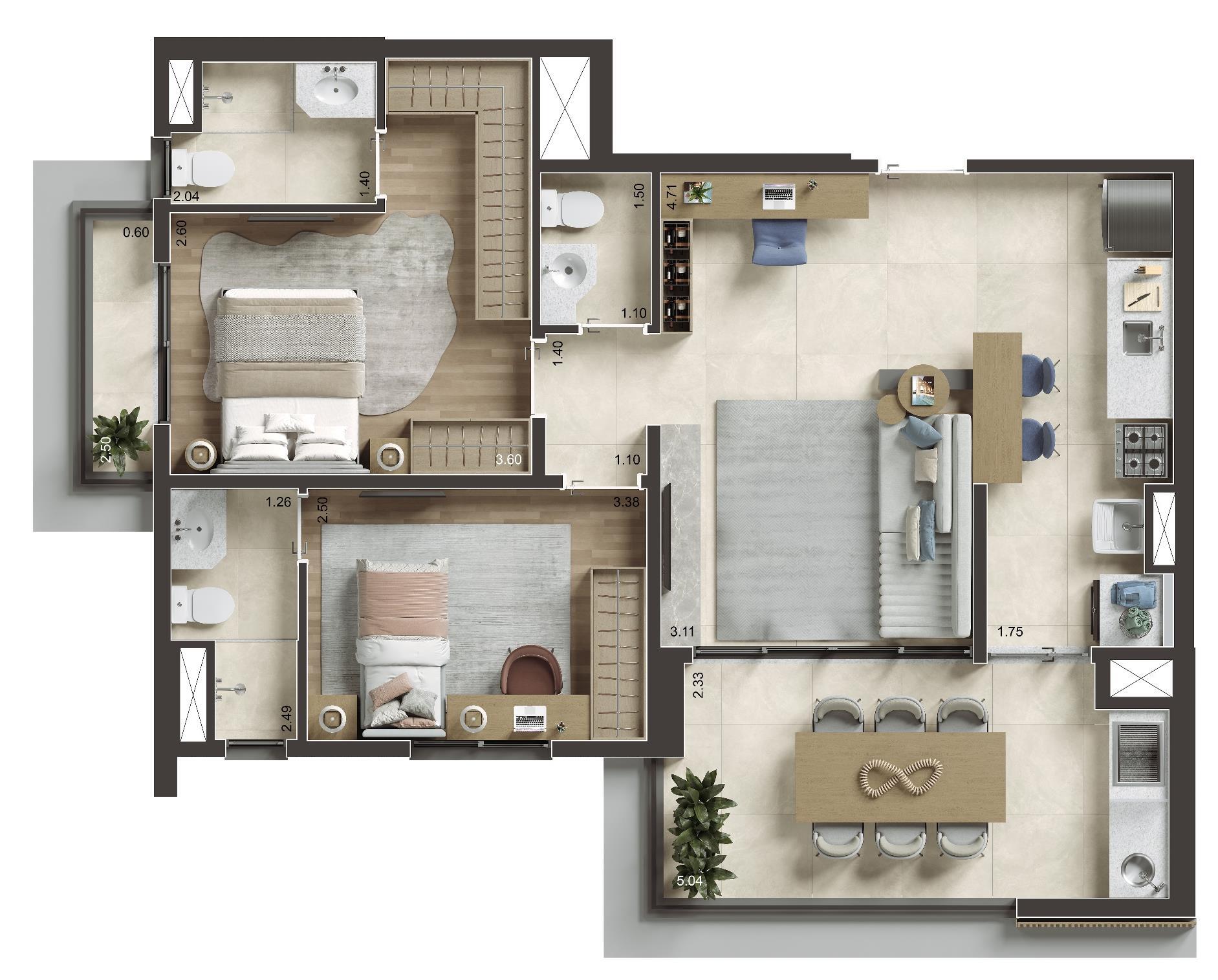 Planta 02 - 2 dorm 76m²