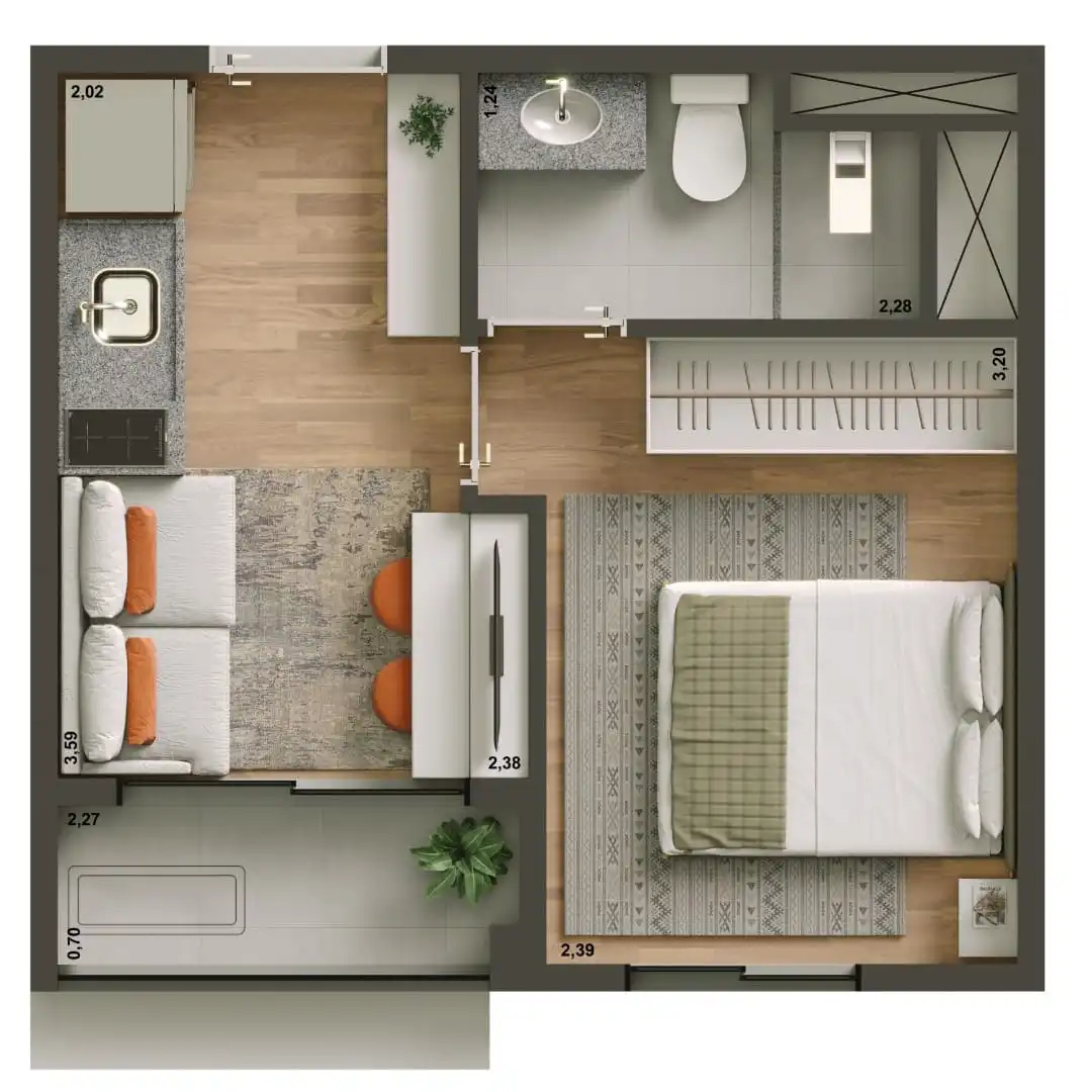 Planta 02 - 1 dorm 28,75m²