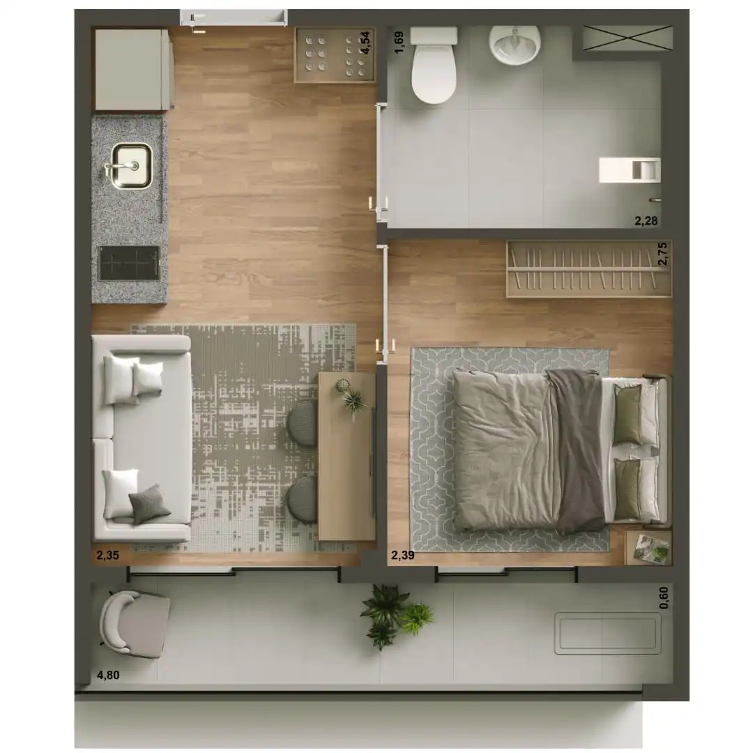 Planta 02 - 1 dorm 28,75m²