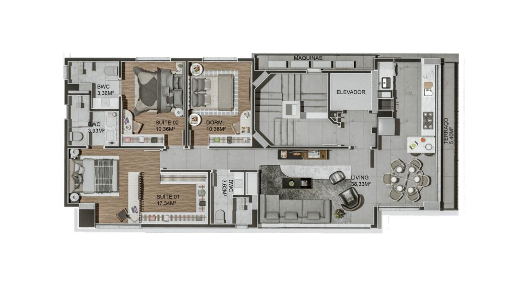 Planta 03 - 3 dorm 111,04m²