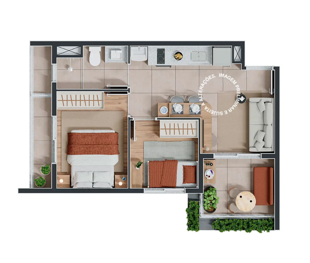 Planta 03 - 2 dorm 45m²
