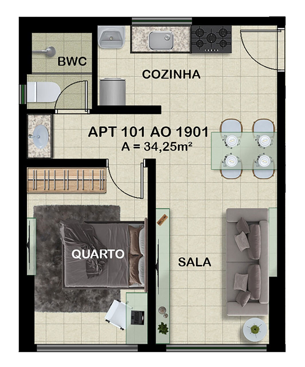 Planta 01 - 1 dorm 34,25m²