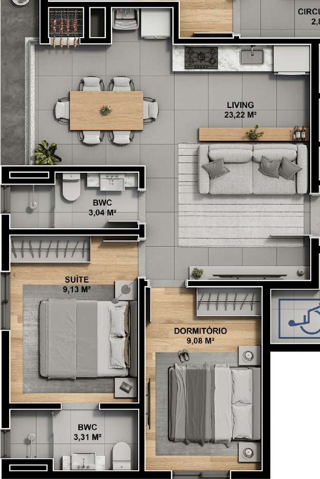 Planta 01 - 2 dorm 56,57m²