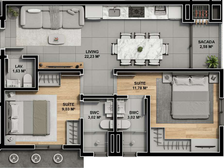 Planta 03 - 2 dorm 63,23m²