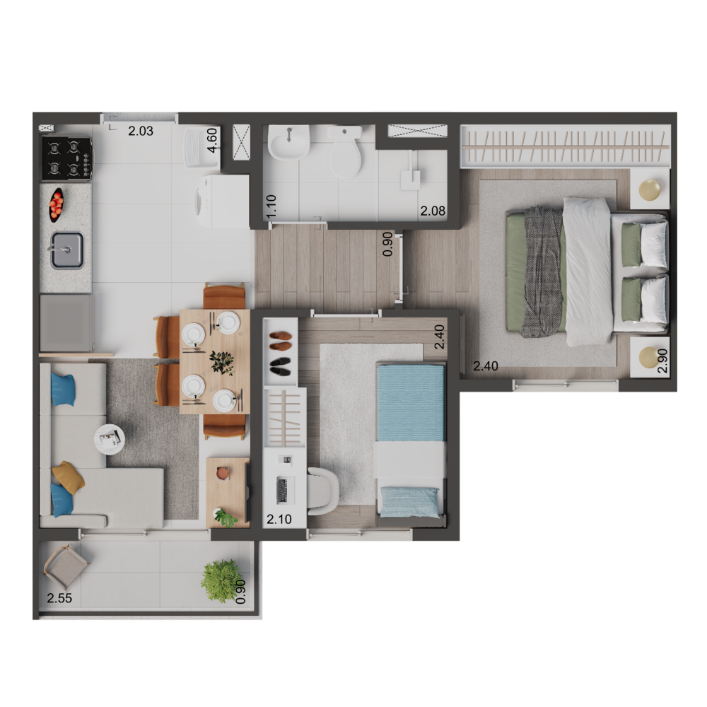 Planta 02 - 2 dorm 34m²