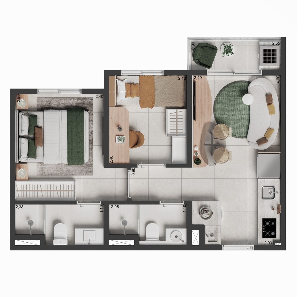 Planta 03 - 2 dorm 37m²