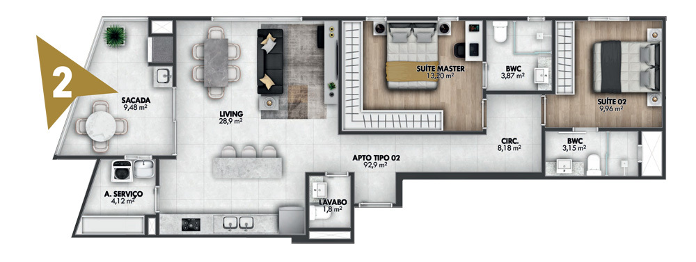 Planta 01 - 2 dorm 92m²