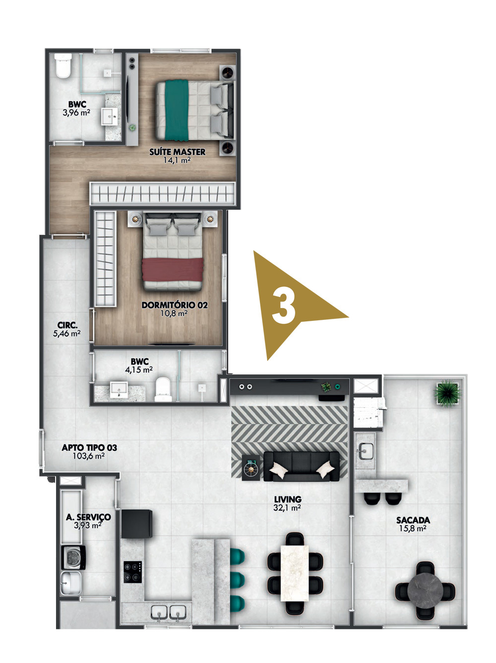 Planta 02 - 3 dorm 103m²