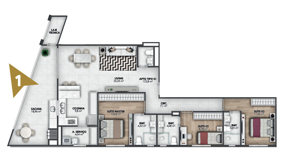 Planta 03 - 3 dorm 122m²