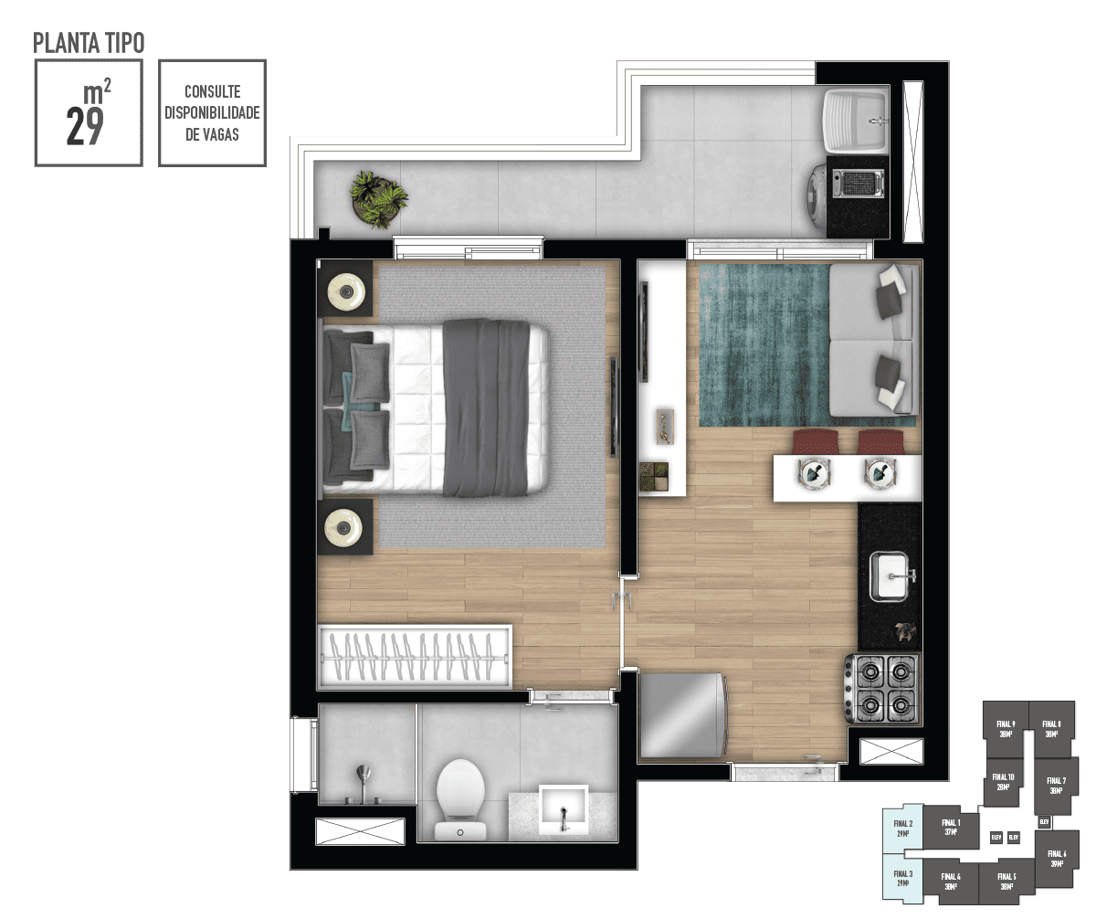 Planta 02 - 1 dorm 29m² Planta 02 - 1 dorm 29m²