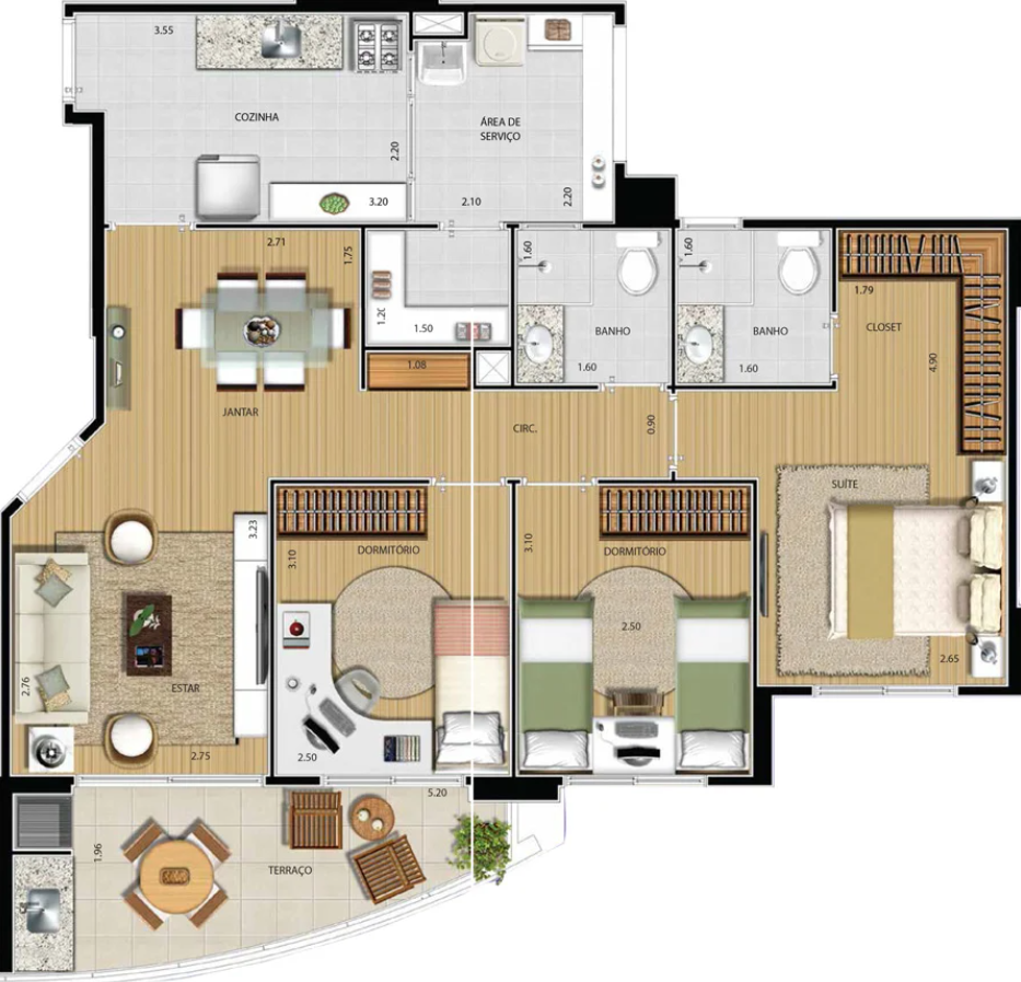 Planta 01 - 3 dorm 87m²