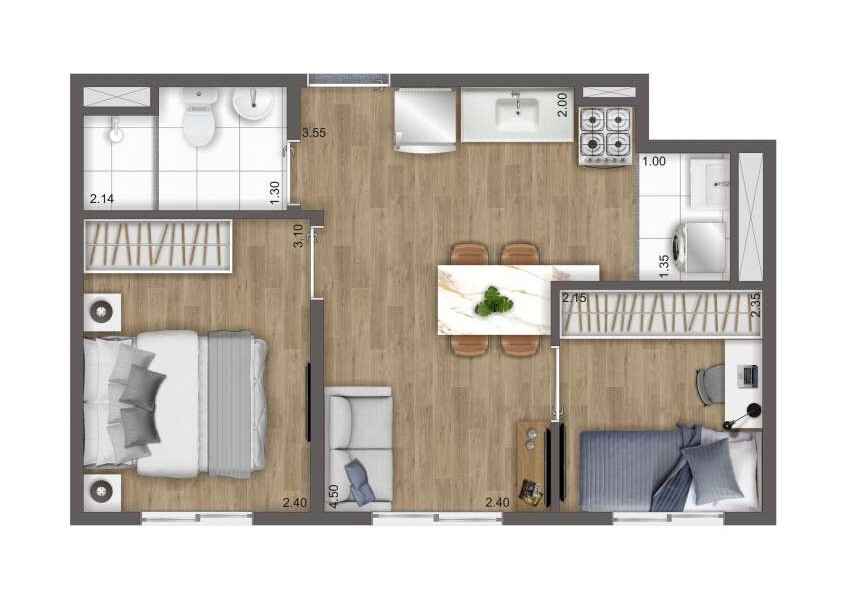 Planta 02 - 2 dorm 34m²