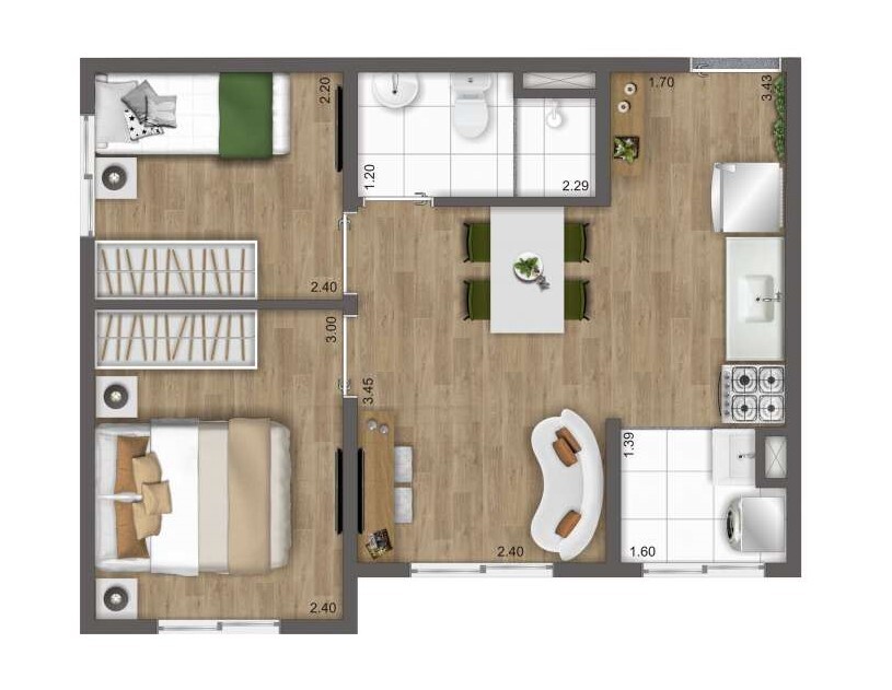 Planta 03 - 2 dorm 35m²